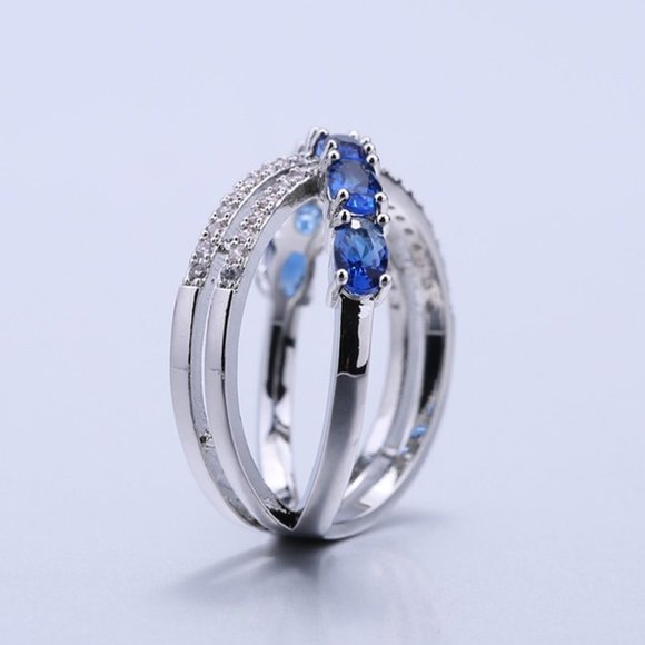 🎀 Oval Royal Blue Anillos Unique Three Lines Silver Ring for Women, VIP272 - Picture 6 of 7